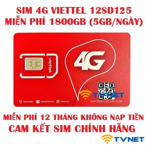Sim 4G Viettel 12SD125 DATA siêu khủng 1800Gb - Miễn phí 12 tháng không nạp tiền