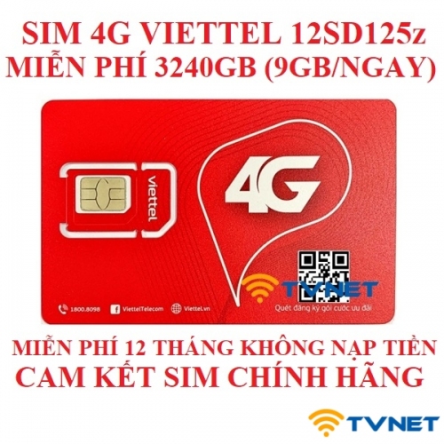 Sim 4G Viettel 12SD125z DATA siêu khủng 3240Gb - Miễn phí 12 tháng không nạp tiền