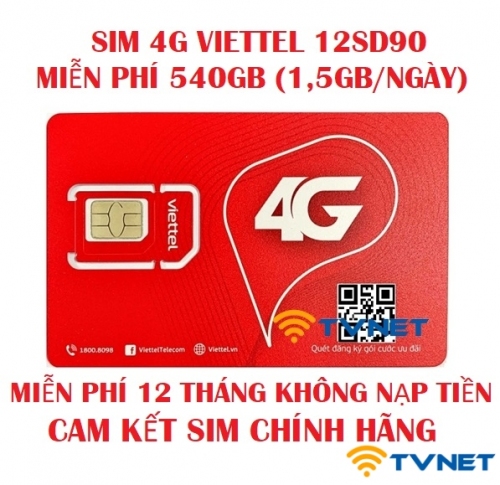 Sim 4G Viettel 12SD90 DATA siêu khủng 540Gb - Miễn phí 12 tháng không nạp tiền