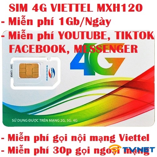 Sim 4G Viettel MXH120 không giới hạn DATA khi dùng Youtube, Facebook, Tiktok, Mesesger  - 30Gb tốc độ cao - Gọi Thoại miễn phí. Miễn phí tháng đầu sử dụng