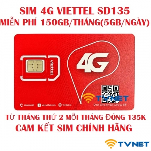 Sim 4G Viettel SD135 DATA khủng 150Gb - 5Gb/ngày. Miễn phí tháng đầu sử dụng