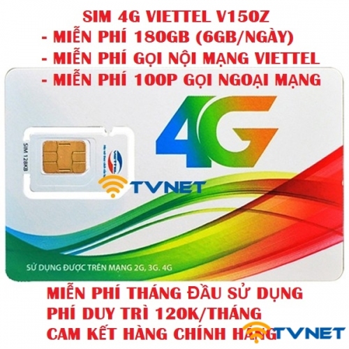 Sim 4G Viettel V150z DATA siêu khủng 180Gb/Tháng. Gọi thả ga miễn phí